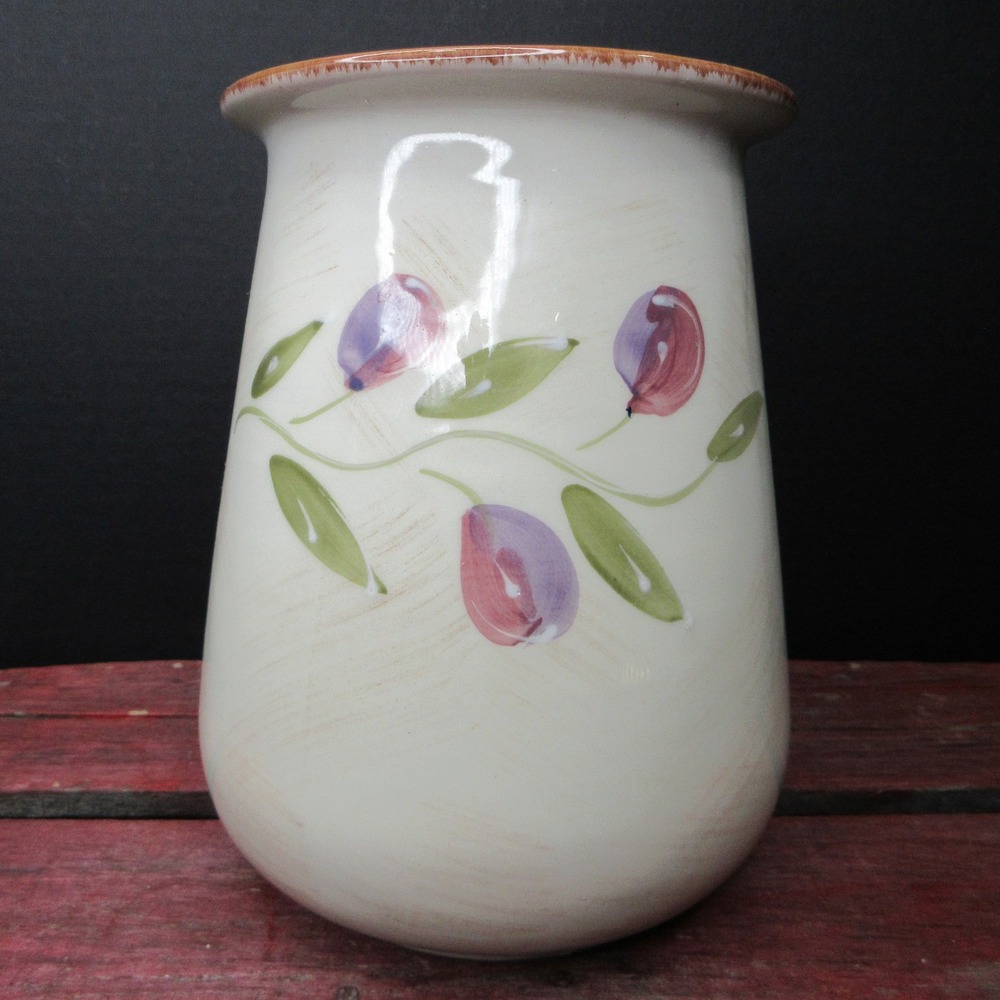 Bizzirri Italy Handpainted Ceramic Vase Utensil Holder Olive Fruit Pattern Cream